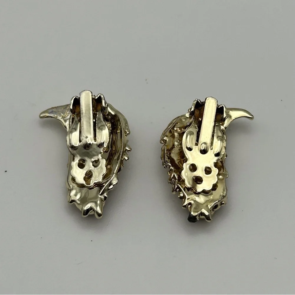 Vintage Silver Tone Abstract Textured Bird Clip On Earrings with Red Rhinestones